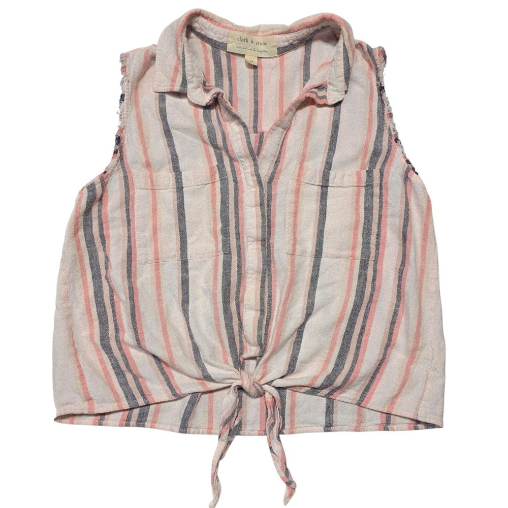Cloth & Stone Top Womens Medium Pink Blue Striped Tie Front Sleeveless C4204‎